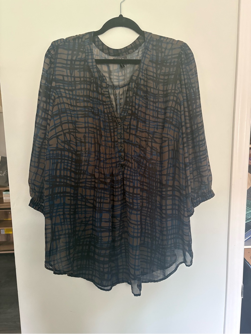 Sheer Navy and Taupe Plaid-Effect Tunic Top